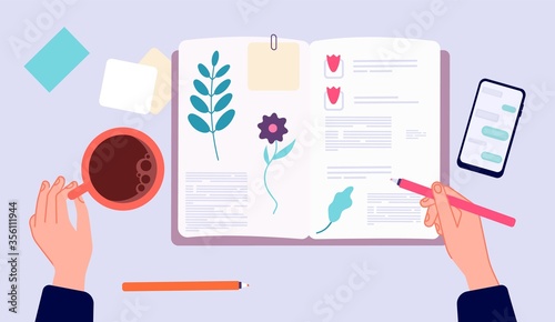 Diary writing. Person drawing in sketchbook. Top view hands with pen and coffee cup. Morning evening relax, memories making vector illustration. Top above, tea and notepad, information diary