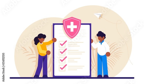 Health insurance, hospital and medical care concept. Doctor and the client discuss the list of services. Modern flat illustration.