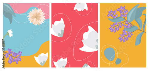 Flowers cover design for brochures, stories, applications. Vector flat set of cover designs in trendy bright colors. Set of abstract summer backgrounds.