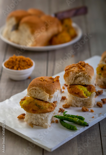 Vada pav  very famous street food of india  specially in the state of Maharashtra  selective focus