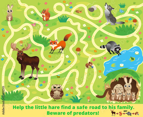 Help the little hare find a safe road to his family. Beware of predators! Color maze or labyrinth game for children. Puzzle. Tangled road. Forest animals for kids