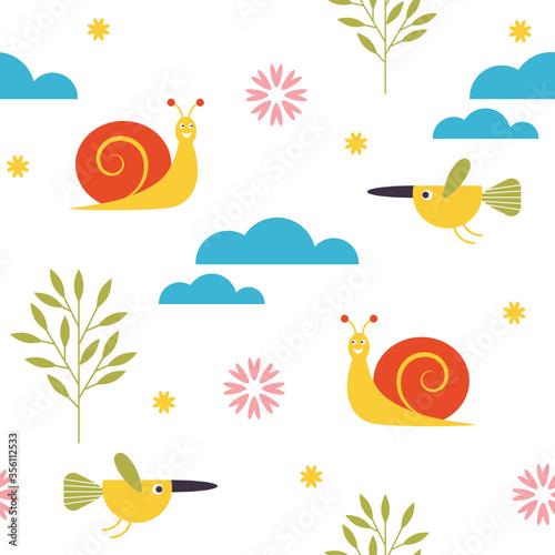 Seamless kids pattern  vector illustration  textile design  fabric pattern. Cute snail and bird on a white background.  