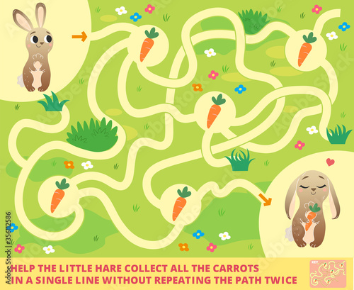 Help the little hare collect all the carrots in a single line without repeating the path twice. Color maze or labyrinth game for preschool children. Puzzle. Tangled road. Forest animals for kids