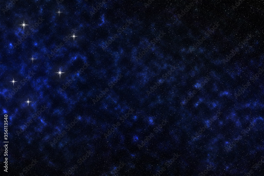 Abstract dark cosmic sky background with distant little stars and light from milky way. Some big stars shining on sky.
