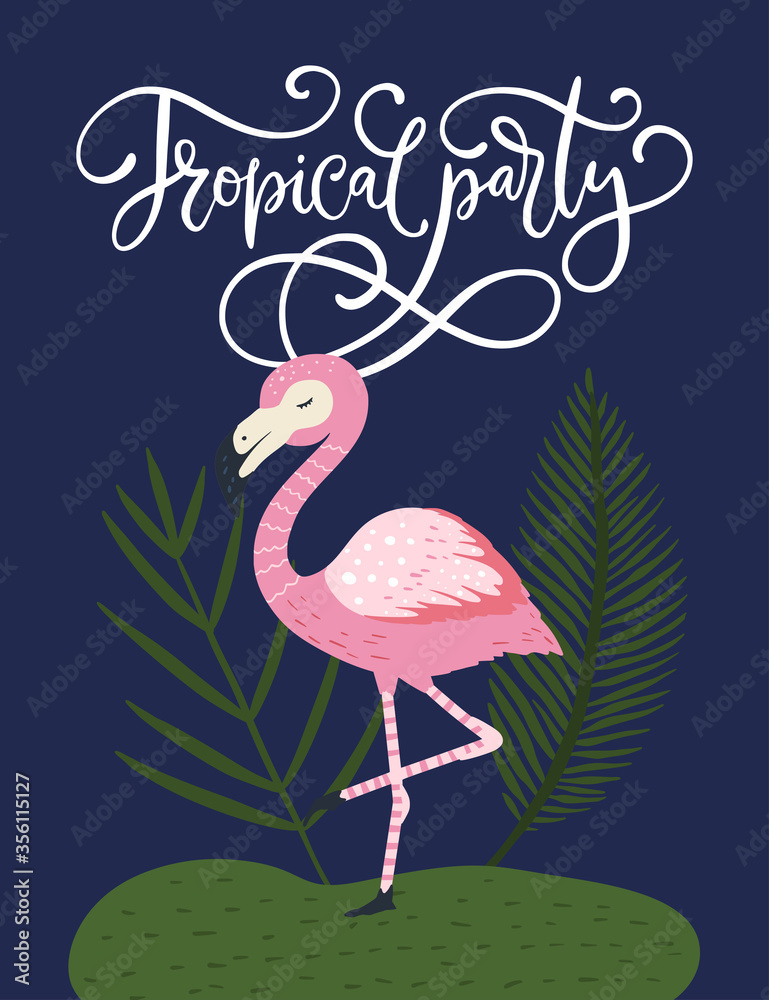 Obraz premium Tropical party. Pink flamingo bird vector card. Cute summer poster with hand drawn lettering quote and cartoon kid illustration. 