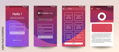 Design of mobile app, UI, UX, GUI. Set of user registration screens with login and password input, account sign in, sign up, home page. Modern Style. Minimal Application. UI Design Template. Interface