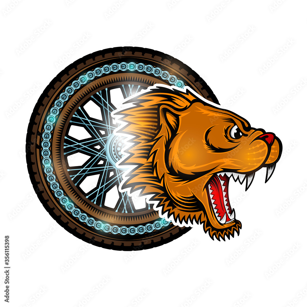 Caguar head side view with motorcycle wheel, color logo on white Stock