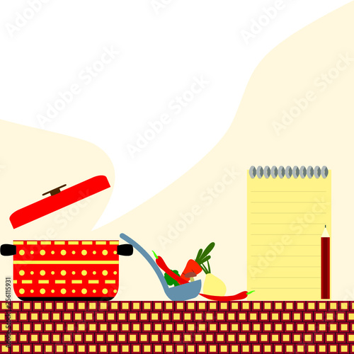 Cook template with pan. Vector illustration for menu, recipes, posters and banners