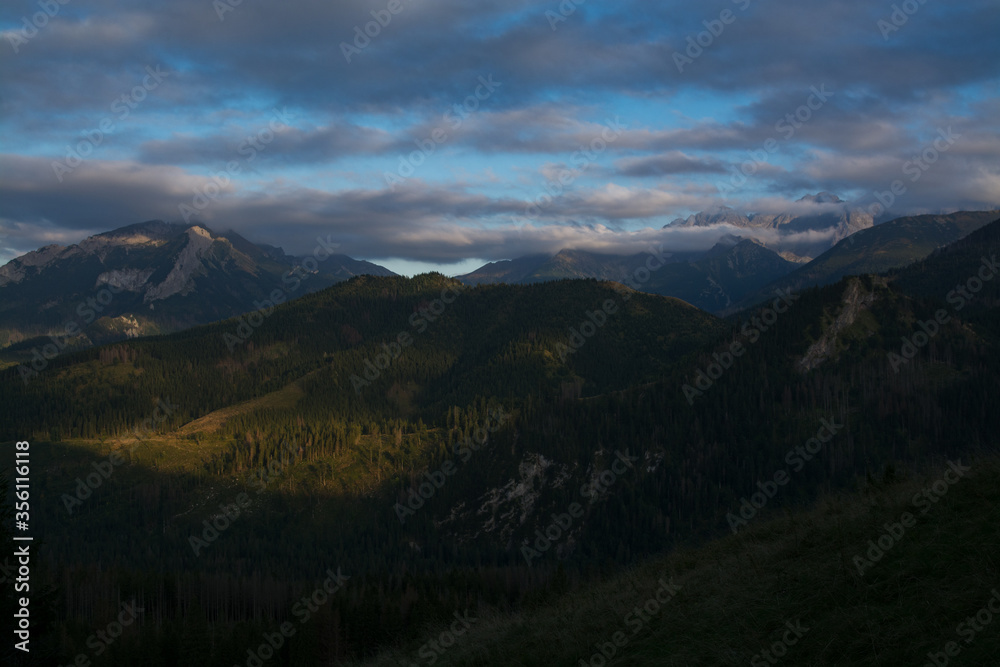 Sunset in the Tatra mountains, Malopolskie, Poland.