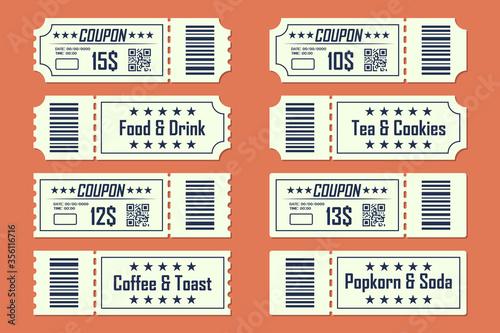 Set of coupons ticket card front and back in a flat design. Food and drink  coffee and toast  tea and cookies  popkorn and soda