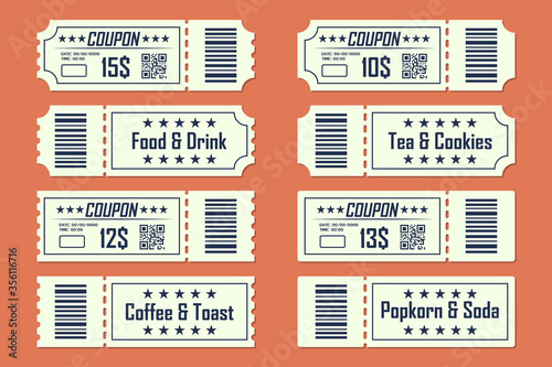 Set of coupons ticket card front and back in a flat design. Food and drink, coffee and toast, tea and cookies, popkorn and soda