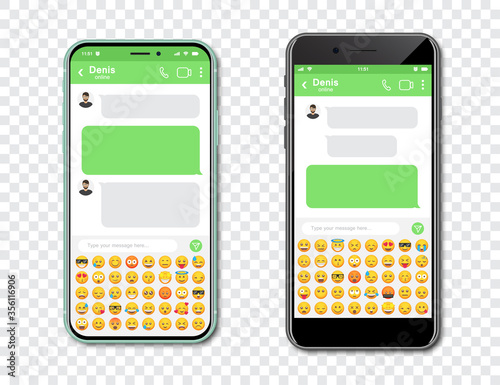 Set of smartphones with blank chat messenger and emoticons. Template with message bubbles in smartphone with emoji