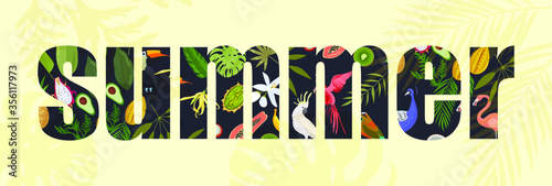 lettering, summer, letters made with images of tropical birds, fruits and leaves