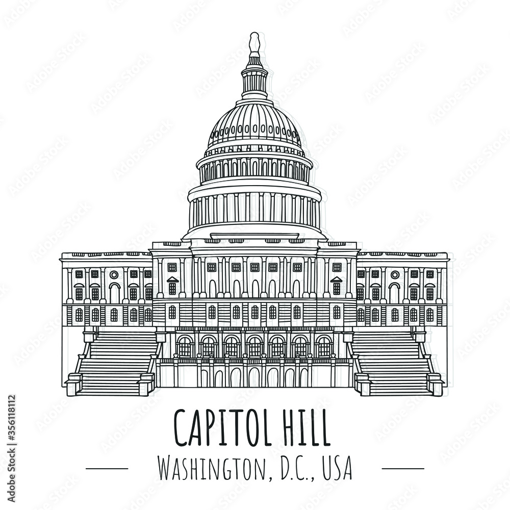 Hand drawn isolated vector  famous landmark of capitol hill, Washington, D.C., USA.