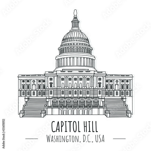Hand drawn isolated vector  famous landmark of capitol hill, Washington, D.C., USA.