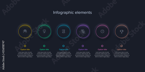 Business process chart infographics with 6 step circles. Circular corporate workflow graphic elements. Company flowchart presentation slide template. Vector info graphic design.
