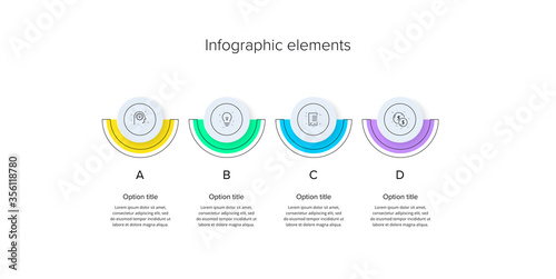 Business process chart infographics with 4 step circles. Circular corporate workflow graphic elements. Company flowchart presentation slide template. Vector info graphic design.