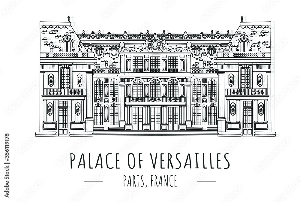 Hand drawn isolated vector illustration  famous landmark of Palace of Versailles, Paris, France, Business Travel and Tourism Concept