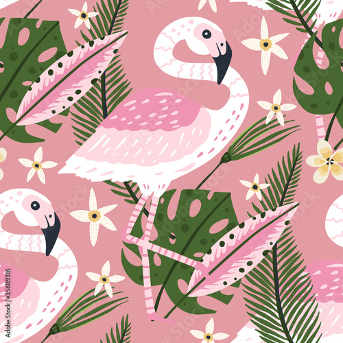 Tropical white flamingo bird seamless summer pattern. Exotic ornate vector wallpaper with pink wild animals and jungle floral illustrations on a pink background.