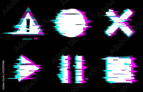 Distorted glitch style buttons vector illustration set. Play, pause, stop, warning symbols with circle and square on black background