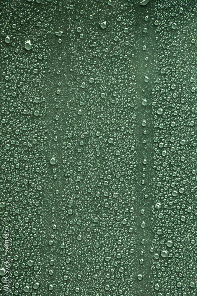 Fototapeta premium Raindrops on dark green metal surface