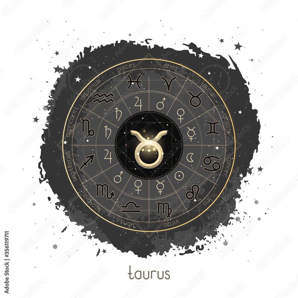 Vector illustration with Horoscope circle, pictograms astrology planets, Zodiac signs and constellation Taurus on a grunge background. Image in gold and black color.