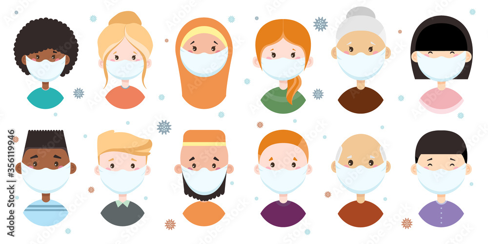 People of different nationalities in medical masks. Characters in flat style. Virus, coronovirus. Vector People of different nationalities in medical masks. Characters in flat style. Virus, coronovirus. Vector
