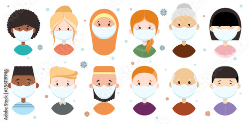 People of different nationalities in medical masks. Characters in flat style. Virus, coronovirus. Vector