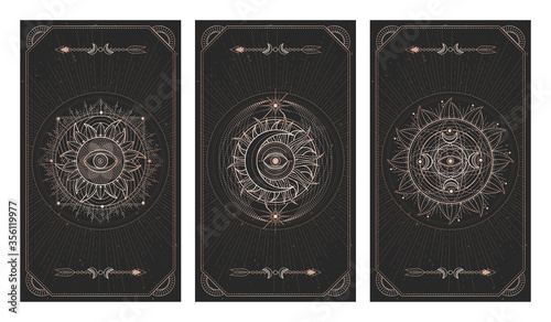 Vector set of three dark illustrations with sacred geometry symbols, grunge textures and frames. Images in black and gold colors. 