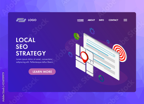 Local SEO Business Strategy UI UX vector web template for website header, banner, slider or landing page. Search Engine Optimization and Marketing strategy with GPS geo-positioning and regional.