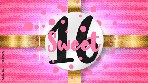 Sweet 16. Number on white round sticker, gold ribbon on pink grunge background. Template for Sixteenth girl birthday invitation design. Vector illustration
