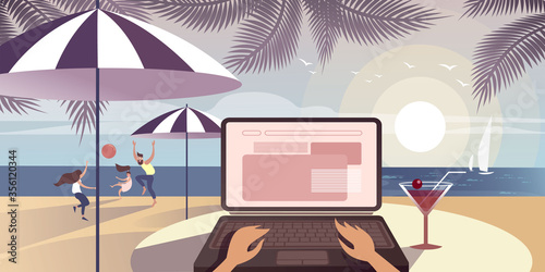 Illustration showing the advantage of remote work and our ability to travel and learn anywhere. Vector layout for landing page or flat design advertising banner.