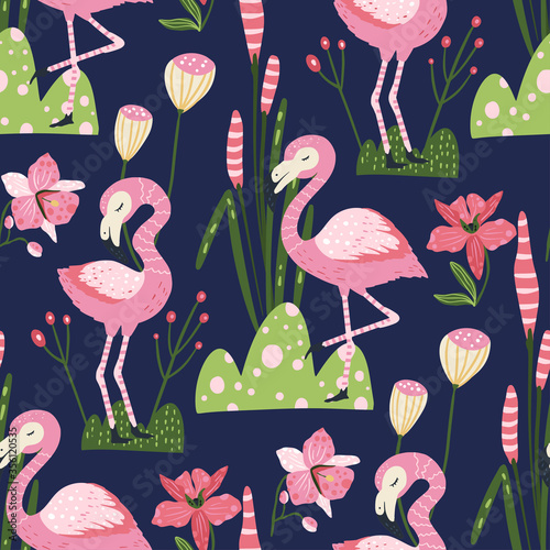 Tropical white flamingo bird seamless summer pattern. Exotic ornate vector wallpaper with pink wild animals and jungle floral illustraions on a pink background.