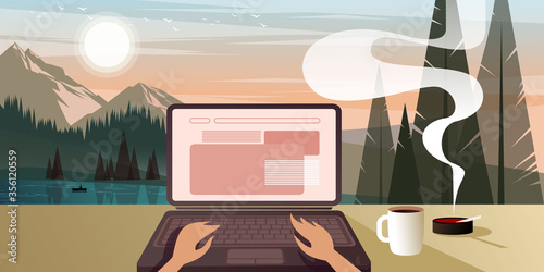 Coding on a background of mountains. Illustration showing the advantage of remote work and our ability to travel and learn anywhere. Vector layout for landing page or flat design advertising banner.