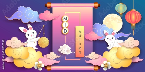 Mid autumn festival / Chinese festival with the moon, moon cake, rabbits, cloud, lantern and flowers on blue paper. Vector illustration