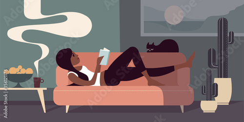 A young girl lies on a sofa with a book and a black cat. Fruit in a vase  and cup of coffee near on the table. Flat graphics vector illustration.