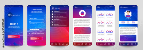 Design of mobile app, UI, UX, GUI. Set of user registration screens with login and password input, account sign in, sign up, home page. Modern Style. Minimal Application. UI Design Template. Interface
