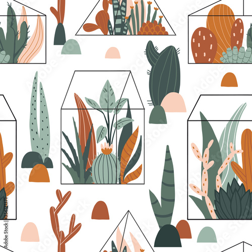 Seamless pattern with geometric glass terrariums with tropical plants