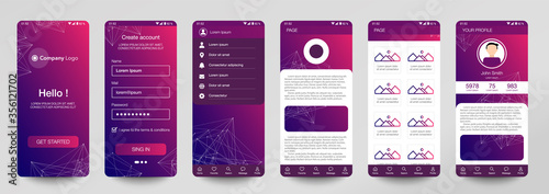 Design of mobile app, UI, UX, GUI. Set of user registration screens with login and password input, account sign in, sign up, home page. Modern Style. Minimal Application. UI Design Template. Interface