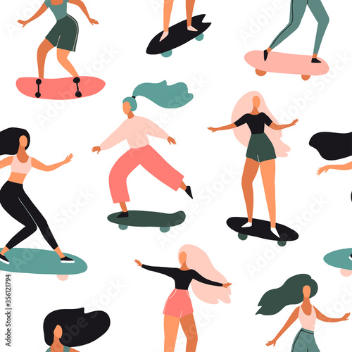 Women on skateboards, longboards seamless pattern