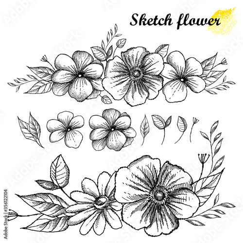 Set of hand drawn sketch of flower horizontal garland with bud and leaf in black isolated on white background.