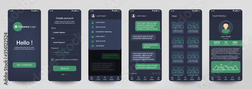 Design of mobile app Chat room, UI, UX, GUI. Set of user registration screens with login and password input, account sign in, sign up, home page. Modern Style. Minimal Application. UI Design Template