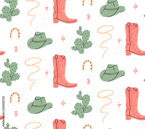 Seamless pattern. Wild west, buffalo skull, eye, mountains, cactus, cowboy hat, cowboy boot, viper. Vector illustration.