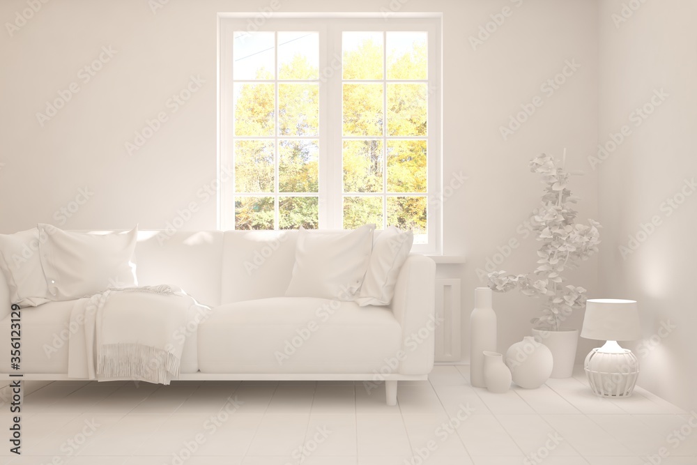 Fototapeta premium White stylish minimalist room with sofa and autumn landscape in window. Scandinavian interior design. 3D illustration
