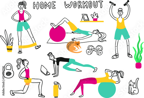 keep calm; athletic; challenge; flexibility; dumbbell; house; hand; gymnastic; stay home; strength; quarantine; energy; strong; cute; gymnastics; stretching; interior; hand drawn; room; sport; illustr