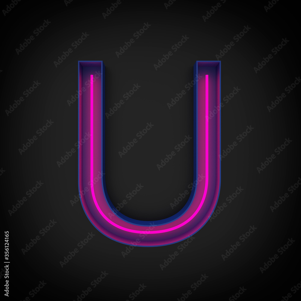 3d rendering, neon red capital letter U lighted up, inside blue letter, 3d rendering, neon red capital letter U lighted up, inside blue letter,