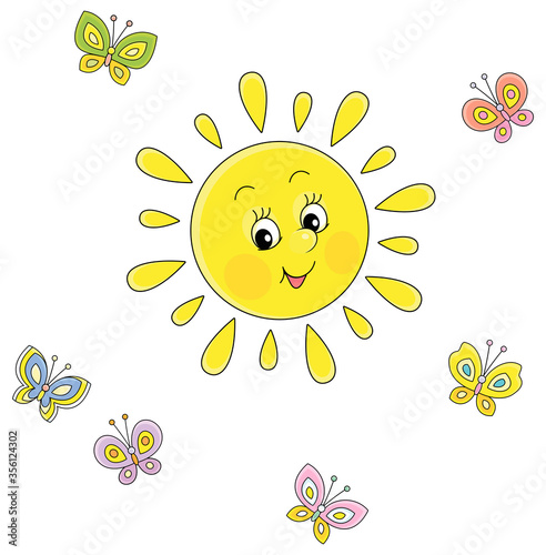 Friendly smiling sun playing with cheerful colorful butterflies flittering around on a pretty summer day, vector cartoon illustration on a white background