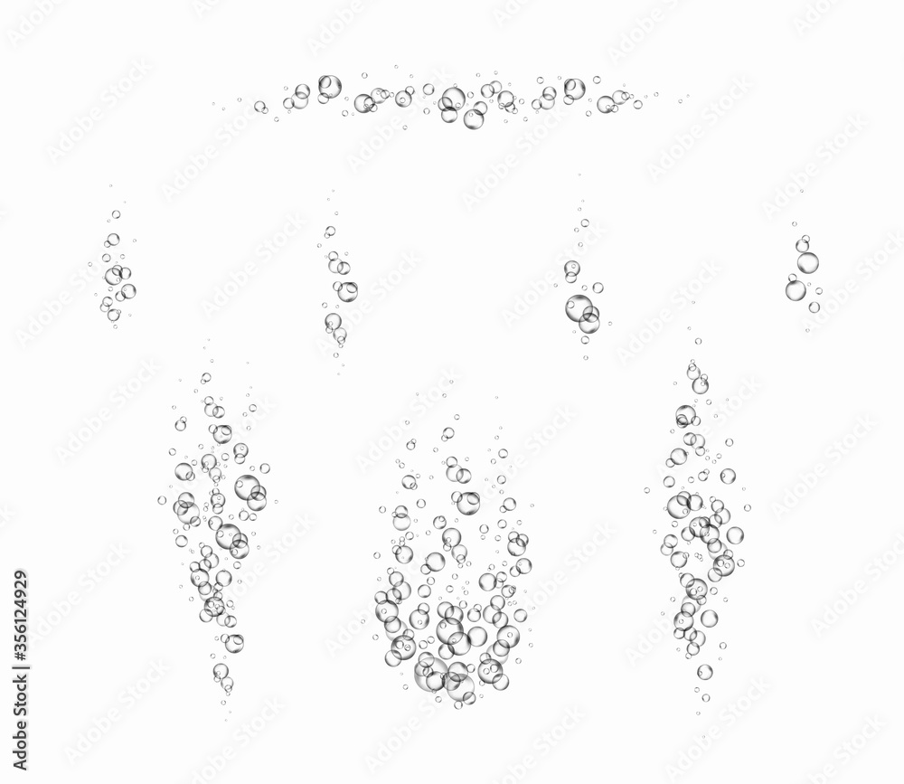 Bubbles underwater set isolated on white background. Vector pure gas, air or oxygen balls under water. Realistic soda effect elements Bubbles underwater set isolated on white background. Vector pure gas, air or oxygen balls under water. Realistic soda effect elements
