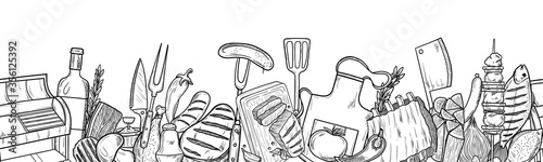 Set of BBQ and grill sketch objects isolated on white background. Hand drawn barbecue elements. Grill menu design template