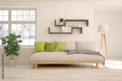 White stylish minimalist room with sofa. Scandinavian interior design. 3D illustration © AntonSh